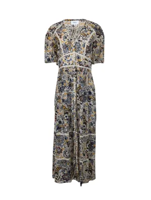 Ba&sh - Beige w/ Navy & Yellow Floral Paisley Print Tiered Maxi Dress Sz M
