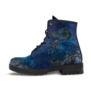 Combat Boots - Beautiful Flowers #112 Dark Blue | Cute Aesthetic Custom Shoes for Women, Wedding Bride Shoes, 90s Boots, Vegan Leather