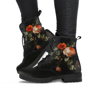 Combat Boots - Distressed Vintage Flower Art | Boho Shoes, Custom Shoes, Women's Boots, Vegan Leather, Goth Boots, Gothic Boots