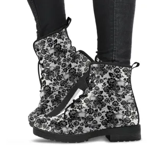 Combat Boots - Goth Shoes #53 Skulls & Black Flowers | Women's Black Hipster Boots, Vegan Leather Lace Up Boots, Handmade Lace Up Boots