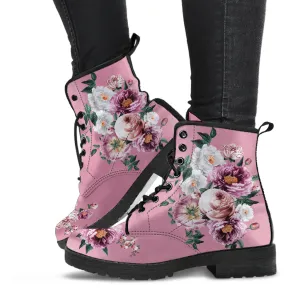 Combat Boots - Pink & White Flowers (Pink) | Blush Pink Flat Shoes, Vegan Leather Lace Up Boots Women, Handmade Lace Up Boots, Women's Boots