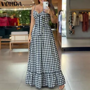 Vintage Style Plaid Beach Maxi Dress